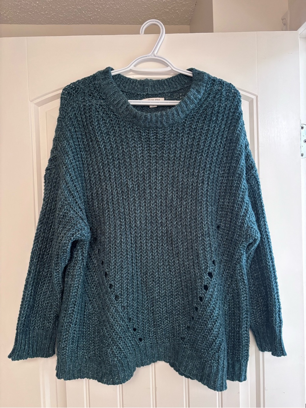 American Eagle Outfitters Teal Open-Knit Crewneck Sweater